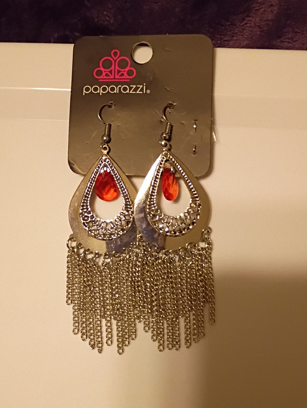 paparazzi Silver Teardrop Fringe Earrings - Orange Crystal Accent